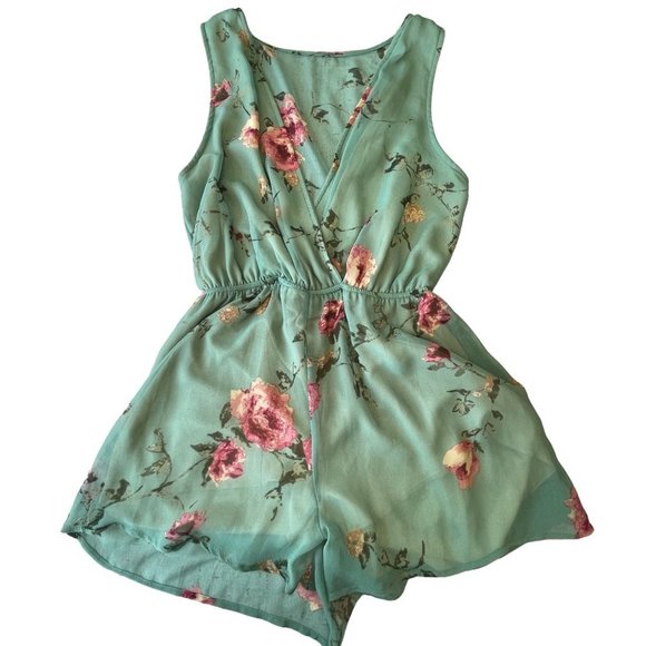 Floral Mint Green Lined Short & Bodice/ Sheer Back Romper USA Made 🇺🇸  Medium - Picture 1 of 9